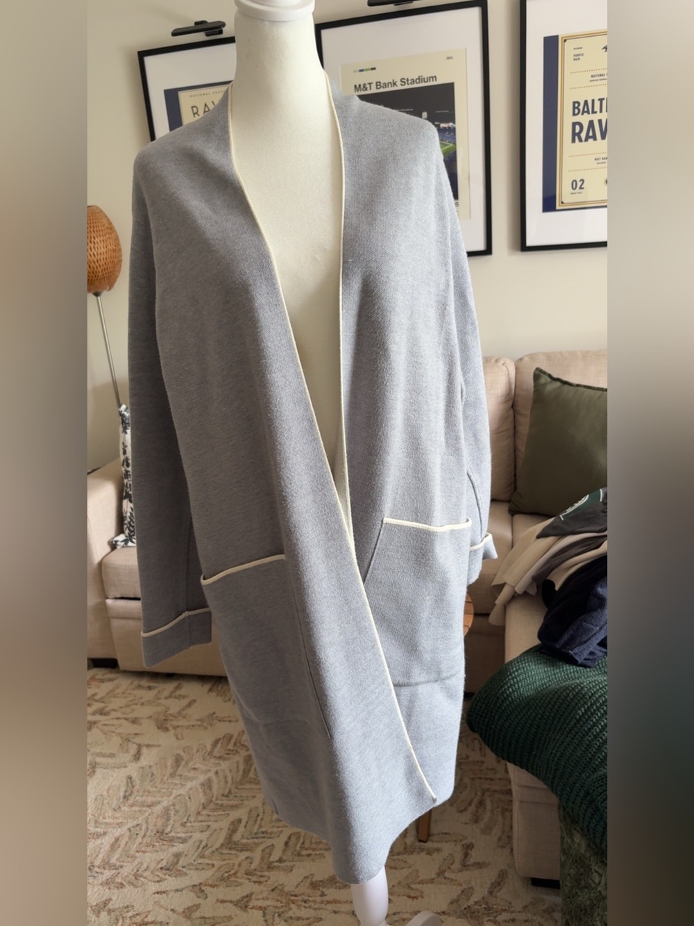 Heavy Zara Light Gray Knit Cardigan with Cream Trim